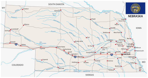 ilustraciones, imágenes clip art, dibujos animados e iconos de stock de nebraska vector de ruta con la bandera - nebraska omaha nebraska map road