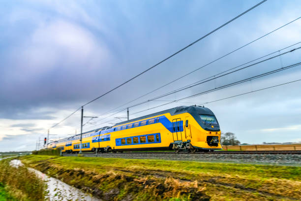 Train driving in a rural landscape during a dark day Yellow and blue Dutch passenger train driving through a rural landscape on a dark and rainy fall day. Image with speed effect from the motion blur. intercity train photos stock pictures, royalty-free photos & images