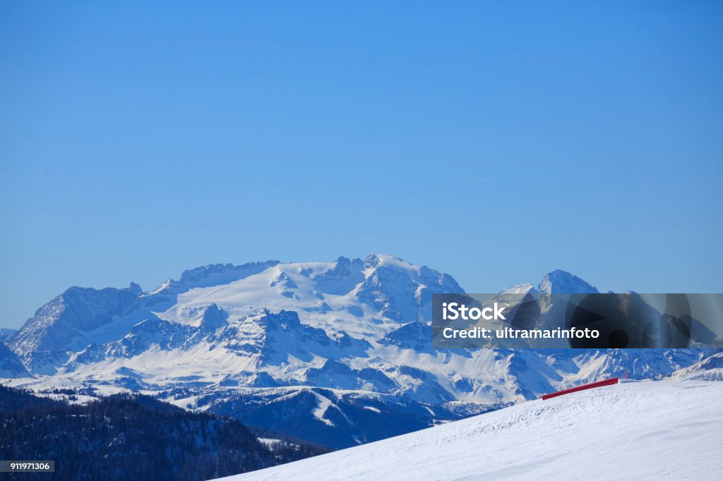 Panorama landscape. At sunny ski resort. High mountain snowy landscape.  Kronplatz, mountain of the Dolomites in South Tyrol, Italy. Kronplatz Stock Photo