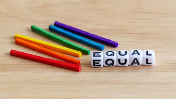 istock EQUAL text cube and wooden rainbow color stick on the wood background. 911971910