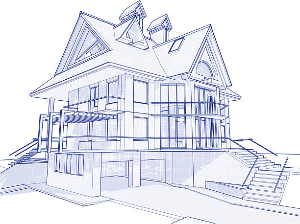 illustrazioni stock, clip art, cartoni animati e icone di tendenza di casa modello: 3 d, concetto di disegno tecnico - built structure construction three dimensional shape building activity