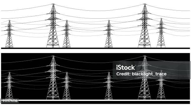 Ilustración de Panorámica Alta Tensión y más Vectores Libres de Derechos de Cable de conducción eléctrica - Cable de conducción eléctrica, Silueta, Torre - Estructura de edificio