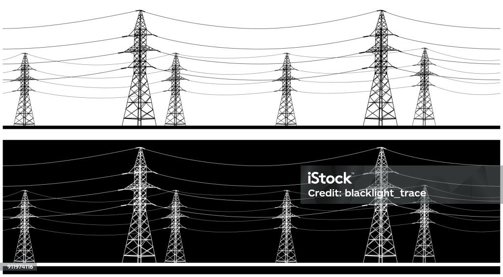 Panoramic high voltage Stylized seamless horizontal panoramic vector illustration on the theme of high voltage power lines, industrial and energy sector Power Line stock vector