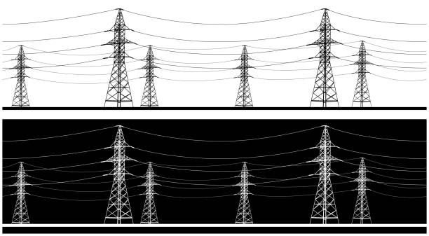 Panoramic high voltage Stylized seamless horizontal panoramic vector illustration on the theme of high voltage power lines, industrial and energy sector electricity silhouettes stock illustrations