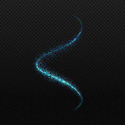 Vector blue neon spiral. Glowing spark trail tracing on transparent black background. Blue glitter confetti spiral wave line.