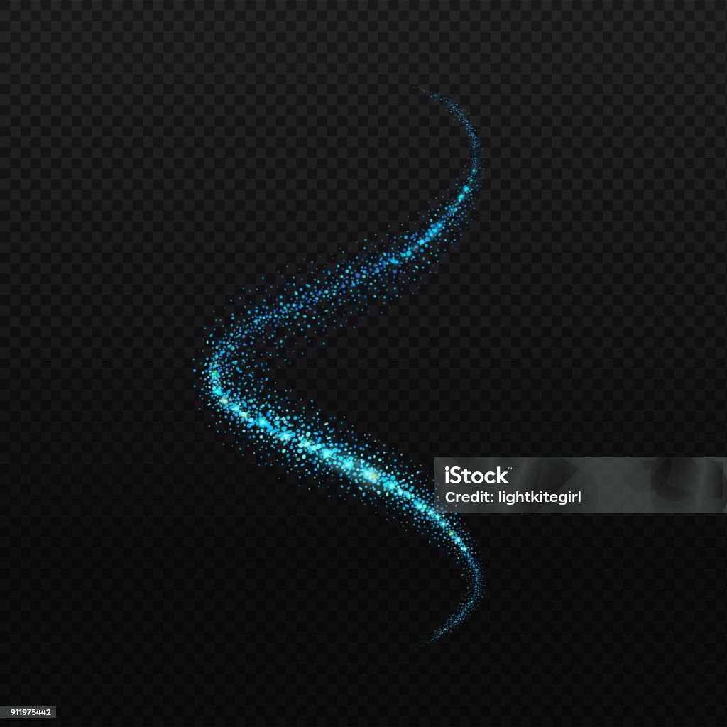 Vector blue neon spiral. Glowing spark trail tracing on transparent black background. Vector blue neon spiral. Glowing spark trail tracing on transparent black background. Blue glitter confetti spiral wave line. Glittering stock vector