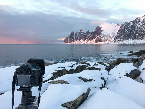 Nikon D800 digital camera capturing the sunset over Okshornan mountain range in Northern Norway in winter