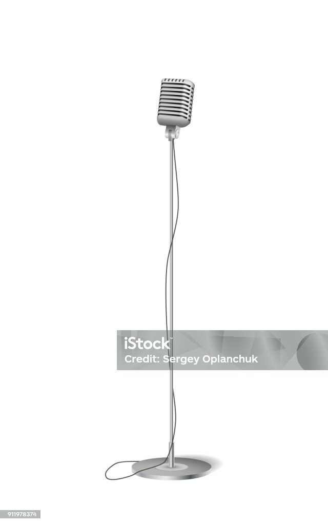 Cinema concert microphone. Retro silver standing microphone isolated on white. vector illustration Cinema concert microphone. Retro silver standing microphone isolated on white. vector illustration EPS 10 Microphone stock vector