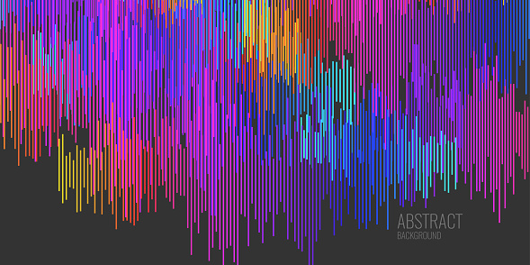 Vivid illustration with elements of glitch. Colored stripes on dark background. Vector illustration.
