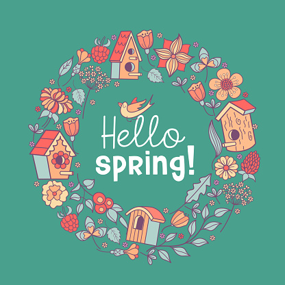 Hello Spring Hummingbird Hello Spring Bird Nests And Spring Flowers Vector Illustration Stock ...