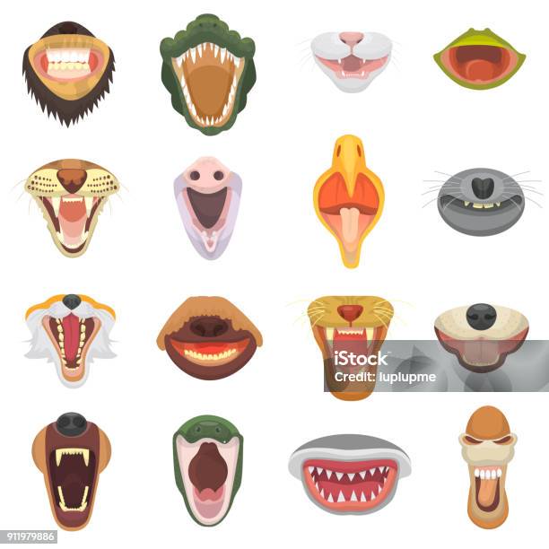 Animals Mouth Vector Open Jaw With Teeth Or Fangs Of Roaring Animals Angry Lion Or Cat And Laughing Bear With Aggressive Shark Illustration Set Of Animalistic Beast Isolated On White Background Stock Illustration - Download Image Now