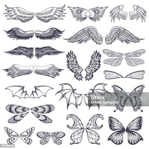 Wings Vector Flying Winged Angel With Wingcase Of Bird And Butterfly With Wingspan Illustration Black Wingbeat Tattoo Silhouette Set Isolated On White Background Stock Illustration - Download Image Now
