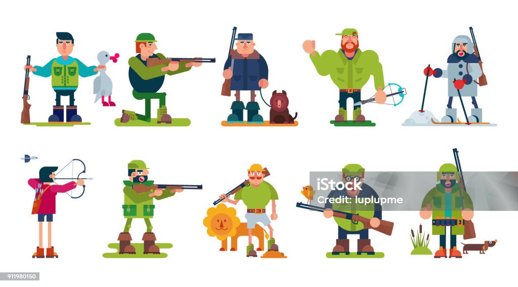 Vecteur d’Hunter cartoon caractère de chasseur chasse avec arme à feu dans la forêt et l’homme à chapeau chasse carabine ou fusil de chasse ensemble illustration isolé sur fond blanc - clipart vectoriel de Chasseur libre de droits