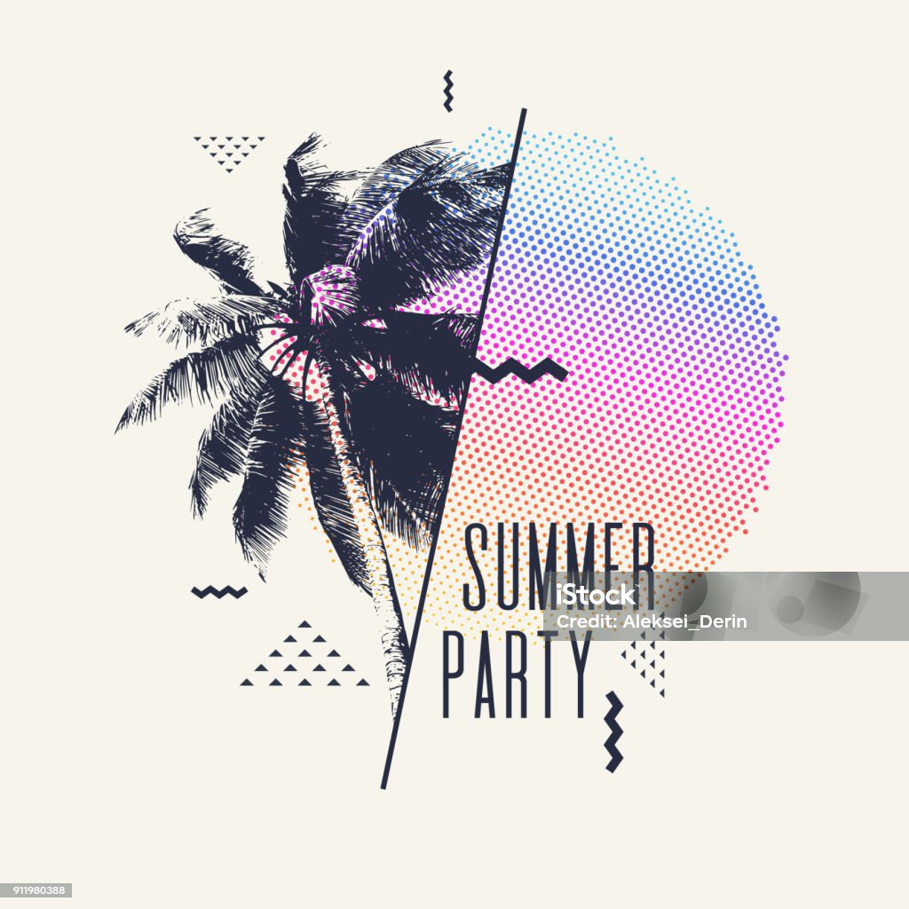 Modern poster with palm tree and geometric graphic Summer party, Modern poster with palm tree and geometric graphic. Vector illustration. Summer stock vector