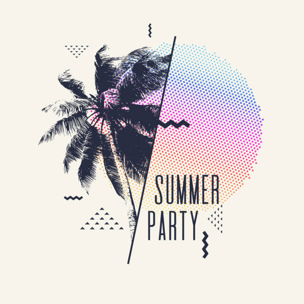 Modern poster with palm tree and geometric graphic Summer party, Modern poster with palm tree and geometric graphic. Vector illustration. time silhouettes stock illustrations