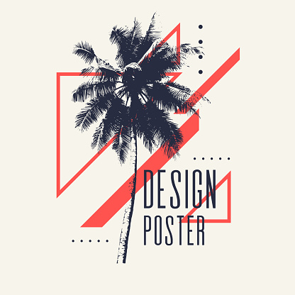 Vintage poster with palm tree and geometric shapes. Vector illustration.