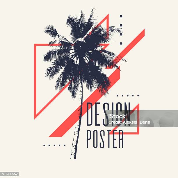 Vintage Poster With Palm Tree And Geometric Shapes Stock Illustration - Download Image Now - Summer, Party - Social Event, Palm Tree