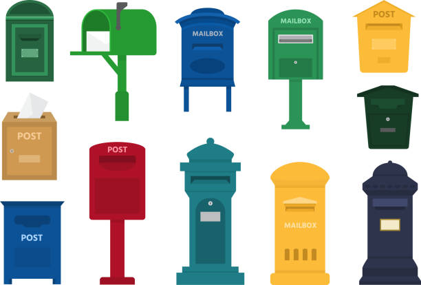 post box vektor post postfach oder post-briefkasten des amerikanischen oder europäischen mailings und satz von briefkästen zur auslieferung per post briefe an verschiedene länder abbildung isoliert auf weißem hintergrund - mailbox mail symbol box stock-grafiken, -clipart, -cartoons und -symbole