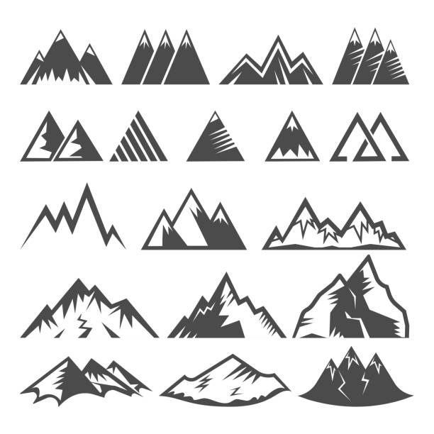 illustrations, cliparts, dessins animés et icônes de logo vectoriel montage logo sommets des vallées montagneuses mont et l’hiver, randonnée rocher alpinisme escalade ou voyageant ensemble illustration alpes d’icônes isolé sur fond blanc - european alps mountain mountain peak rock