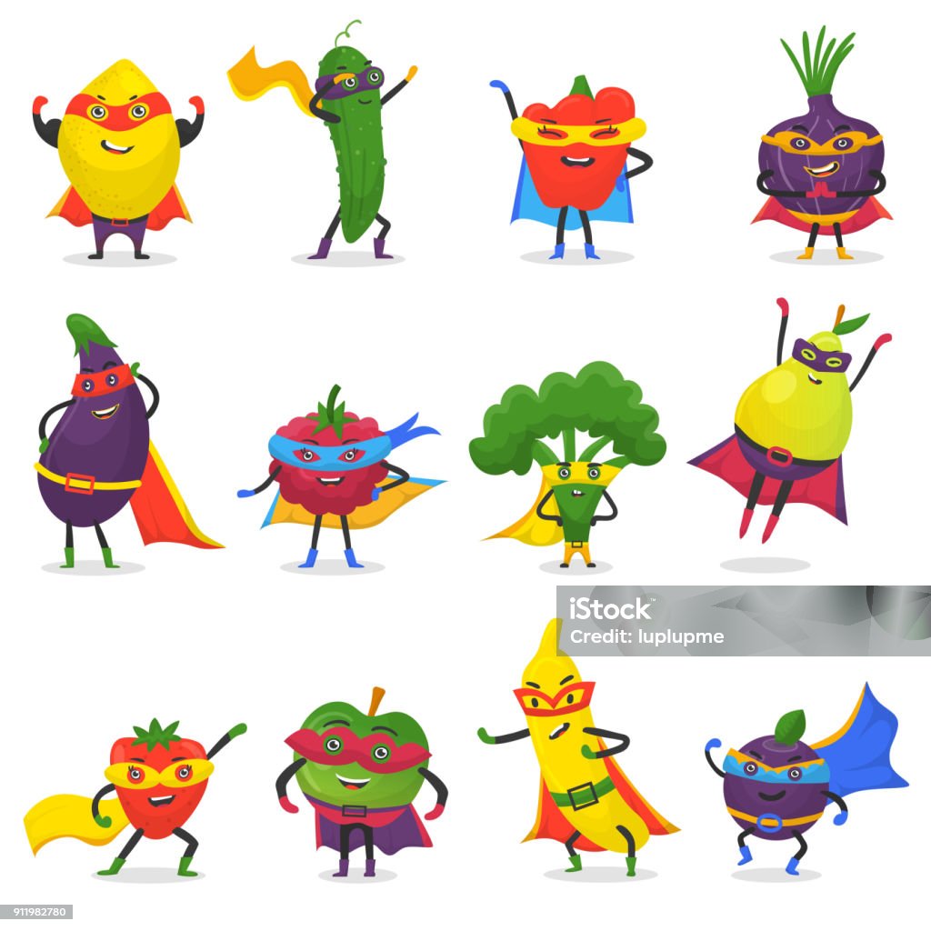 Superhero fruits vector fruity cartoon character of super hero expression vegetables with funny apple banana or pepper in mask illustration fruitful vegetarian diet set isolated on white background Superhero fruits vector fruity cartoon character of super hero expression vegetables with funny apple banana or pepper in mask illustration fruitful vegetarian diet set isolated on white background. Fruit stock vector