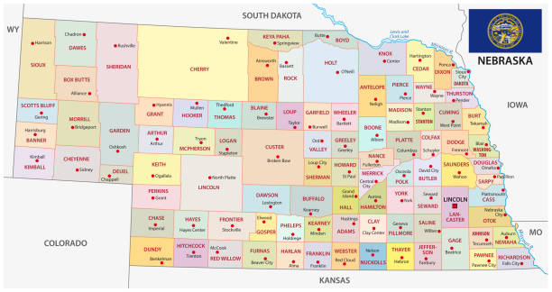 nebraska administrative and political vector map with flag nebraska administrative and political vector map with flag. omaha stock illustrations