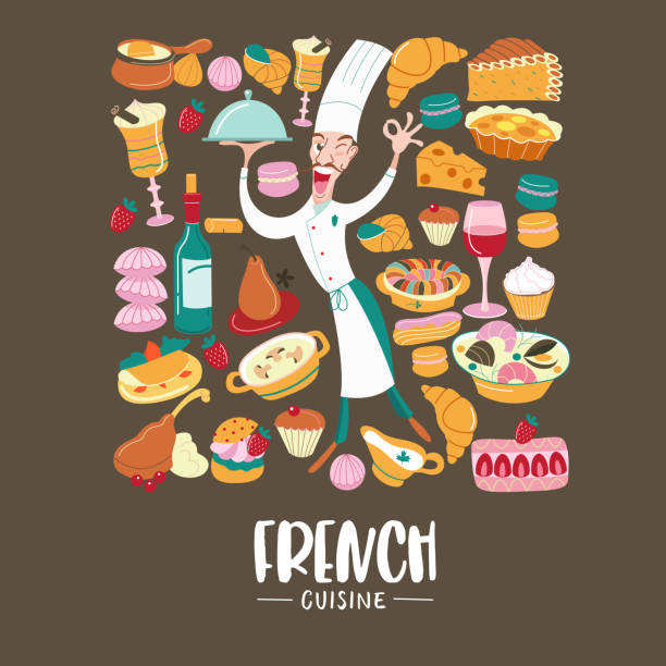 ilustrações de stock, clip art, desenhos animados e ícones de the french cuisine. menu. a set of french dishes. - chef appetizer soup food