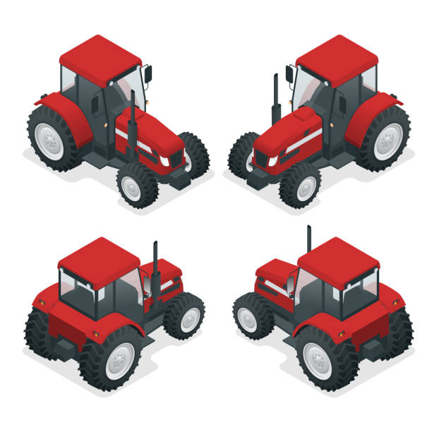ilustrações de stock, clip art, desenhos animados e ícones de isometric tractor works in a field. agriculture machinery. plowing in the field. heavy agricultural machinery for fieldwork. vector illustration. - tractor agricultural machinery agriculture commercial land vehicle