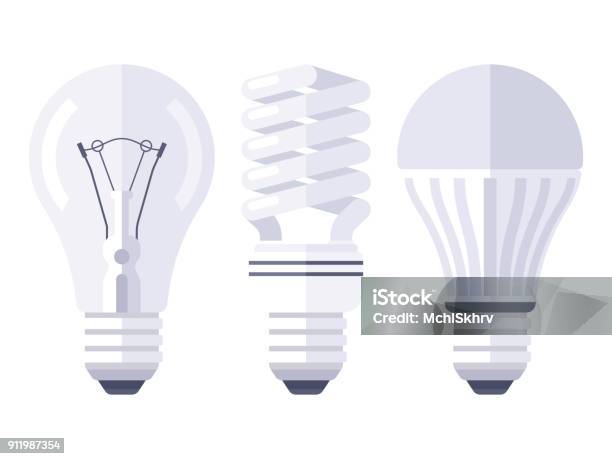 Bulb Types Flat Design Stock Illustration - Download Image Now - LED Light, Light Bulb, Electric Lamp