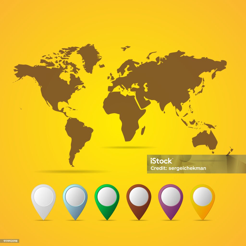 World Map. Vector illustration. Black World Map. Vector illustration. Flat World Map with set of markers on yellow background. Abstract stock vector