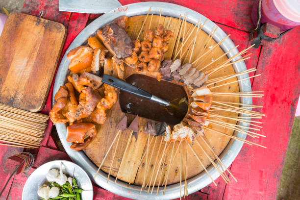 Myanmar street food, Pork offal skewers with hot soup