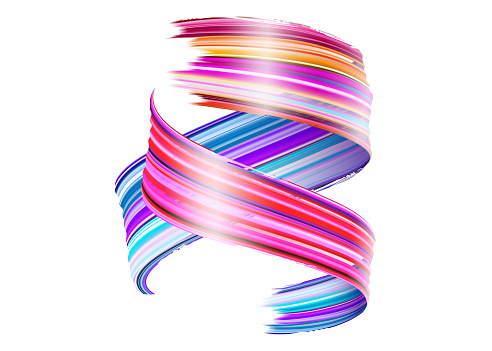 Abstract Vector Paint Brush Stroke. Colorful Curl of Liquid Paint. Digital 3D Ribbon with Brush Texture. Abstract Ink Background. Creative Spiral Wave with Pink, Blue, Red Colors. Isolated on White.