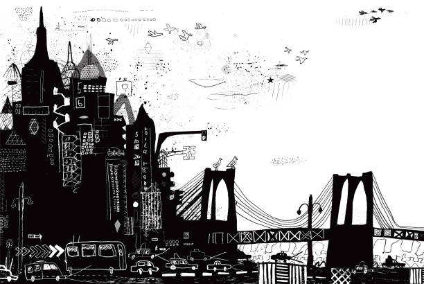 New York City vector illustration Hand drawn and collaged and little abstract city. Hustle and bustle of busy lively city co2 drawings stock illustrations