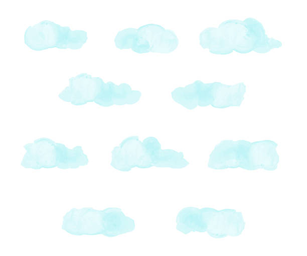 ilustraciones, imágenes clip art, dibujos animados e iconos de stock de conjunto de nubes abstractas azul claras. imitación de acuarela. nubes de dibujado a mano. ilustración de vector. - sky watercolour paints watercolor painting cloud