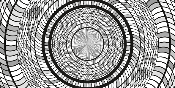 Black and White Circles Art Action Background. Round Wheel Rhythm Backdrop. Center Concept.