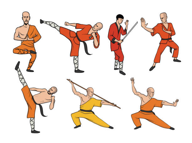 illustrazioni stock, clip art, cartoni animati e icone di tendenza di monaci shaolin che praticano il kung fu. arti marziali. set di illustrazioni vettoriali, isolato su bianco. - shaolin warrior monk