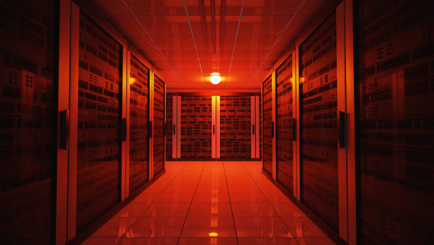 Blackout concept. Emergency failure red light in data center with servers. 3D rendered illustration. stock photo
