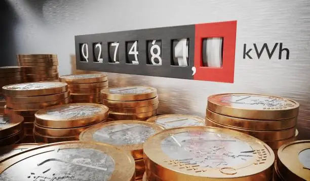 Photo of Electrometer is measuring power consumption. Coins in foreground. Expensive electricity concept. 3D rendered illustration.