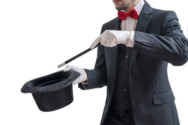 istock Magician or illusionist is showing magic trick. Isolated on white background. 912002950