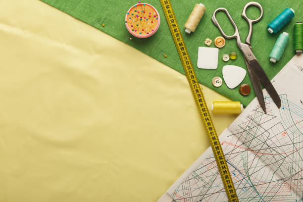 istock Workspace of fashion designer, top view 912003144