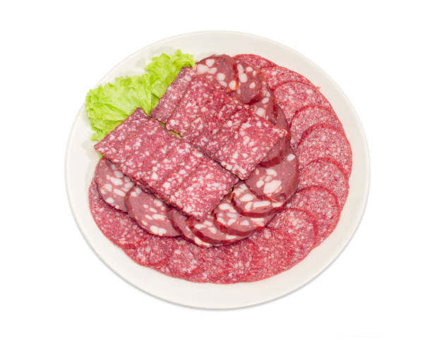 istock Sliced different salami and smoked sausage on dish 912003528