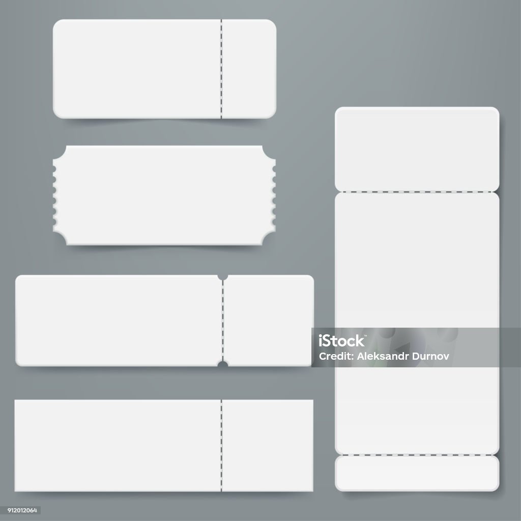 Set of blank ticket mockup template. Realistic White paper coupon isolated on grey background. Cinema, party, circus, festival or concert tickets design. Vector eps 10. Ticket stock vector