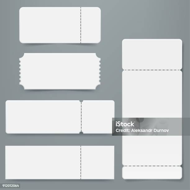 Set Of Blank Ticket Mockup Template Realistic White Paper Coupon Isolated On Grey Background Cinema Party Circus Festival Or Concert Tickets Design Vector Eps 10 Stock Illustration - Download Image Now