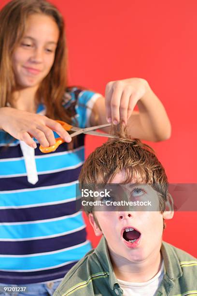 Girl Cutting Boys Hair Scream Vertical Stock Photo - Download Image Now - Animal  Hair, Beautician, Boys - iStock