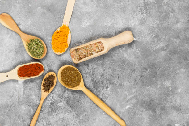 istock Various spices on a gray background. Top view, copy space. Food background 912015366
