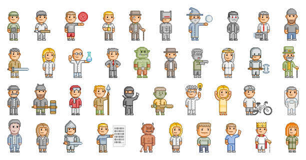 stockillustraties, clipart, cartoons en iconen met vector 8-bit pixel art mensen set - fictieve figuren