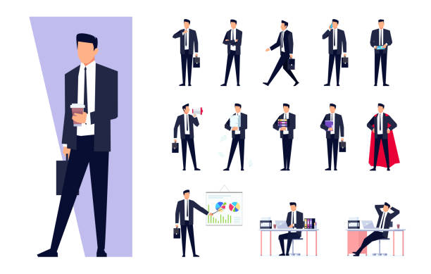 illustrazioni stock, clip art, cartoni animati e icone di tendenza di set di caratteri aziendali isolati su sfondo bianco. - manager portrait leadership men