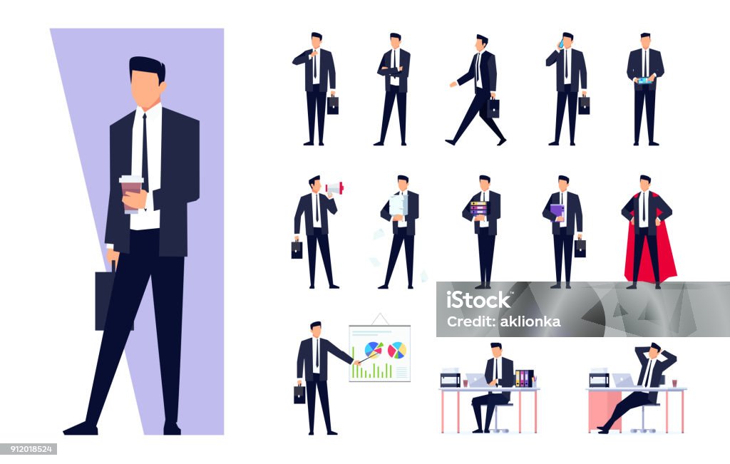 Set of business characters isolated on white background. Set of business characters isolated on white background. Businessman in the workplace. Manager is busy different things, goes, stands, works on the pc, speaks on the phone. Vector illustration. Businessman stock vector