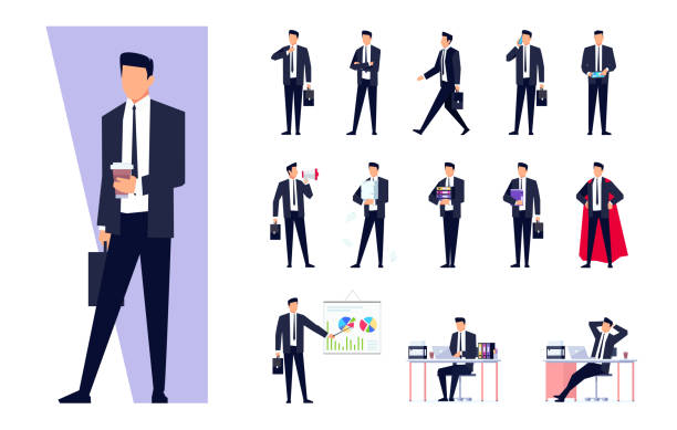 Set of business characters isolated on white background. Set of business characters isolated on white background. Businessman in the workplace. Manager is busy different things, goes, stands, works on the pc, speaks on the phone. Vector illustration. business person illustrations stock illustrations