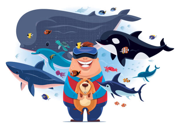 illustrazioni stock, clip art, cartoni animati e icone di tendenza di ragazzo grasso felice guardando creature marine con occhiali vr - underwater dog adult happiness