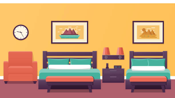 wnętrze pokoju hotelowego w wystroju. ilustracja wektorowa. - bed and breakfast inn lamp bed stock illustrations